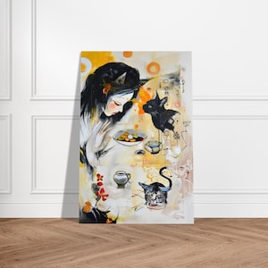 Impresión de póster expresionista de gato caprichoso / Estilo pop art con motivos asiáticos / Arte mural de animales divertidos