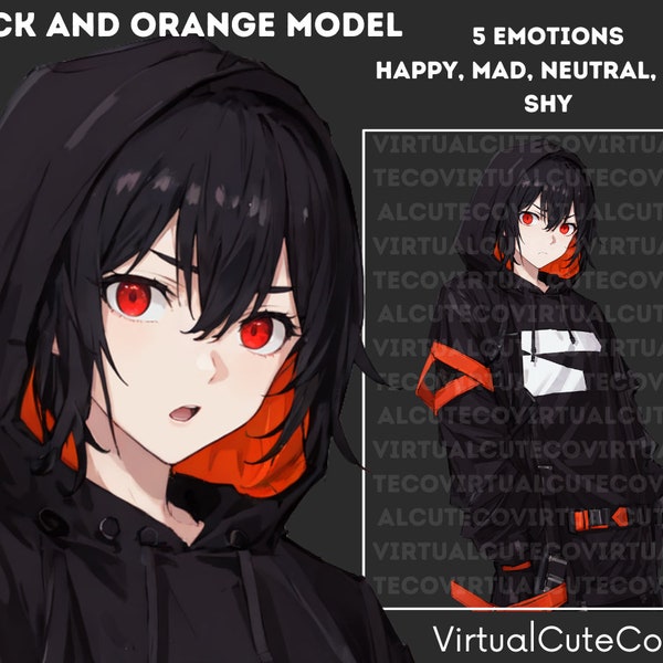 Black and Orange PNGTuber | Androgynous Pngtuber | Ready to use | Multiple platform | 20 Pngs | 5 emotions|