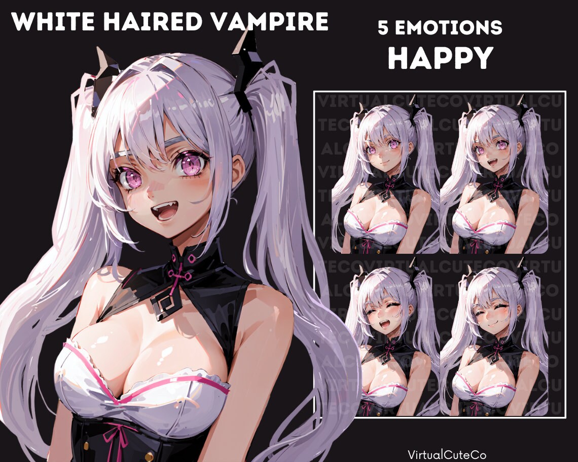 White Haired Vampire Girl PNGTuber | Vampire Pngtuber | Ready to use | Multiple platform | 20 Pngs | 5 emotions|