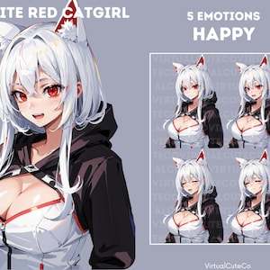 White Red Catgirl PNGTuber | Catgirl Pngtuber | Ready to use | Multiple platform | 20 Pngs | 5 emotions|
