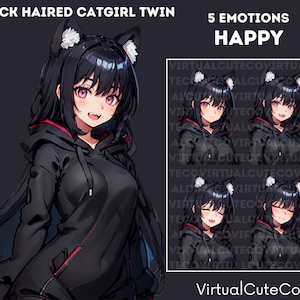 Black Haired CatGirl Twin PNGTuber | Catgirl Pngtuber | Ready to use | Multiple platform | 20 Pngs | 5 emotions|