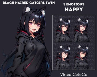 Black Haired CatGirl Twin PNGTuber | Catgirl Pngtuber | Ready to use | Multiple platform | 20 Pngs | 5 emotions|