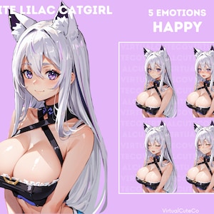 White Lilac Catgirl PNGTuber | Catgirl Pngtuber | Ready to use | Multiple platform | 20 Pngs | 5 emotions|