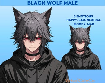Black Wolf Male PNGTuber   |   Ready to use   |   5 emotions and savefile Included
