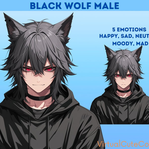 Black Wolf Male PNGTuber   |   Ready to use   |   5 emotions and savefile Included