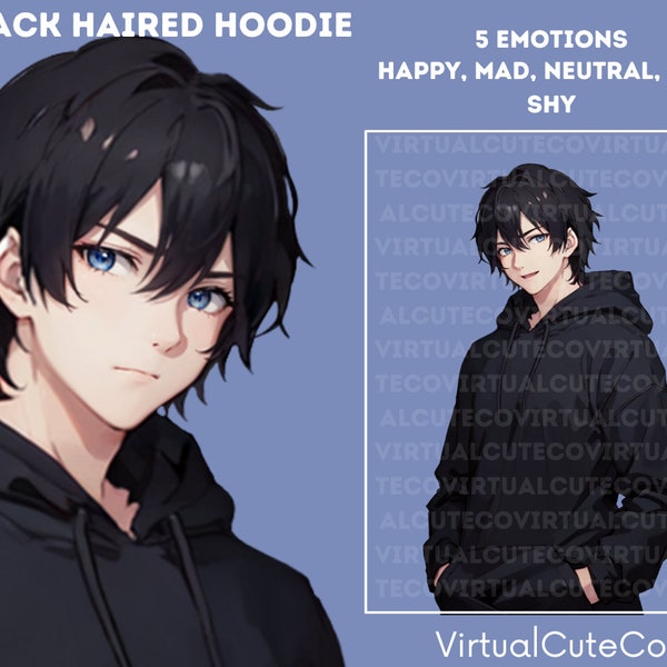 Black Haired Hoodie PNGTuber | Androgynous Pngtuber | Ready to use | Multiple platform | 20 Pngs | 5 emotions|