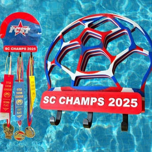 May include: A red, white, and blue medal display with the text "SC CHAMPS 2025". The display includes hooks for hanging medals and ribbons from the GISA Swim League. The design is patriotic.