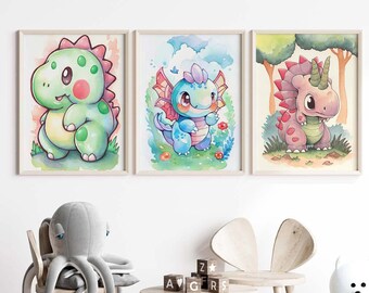 Baby Chibi Dinosaur Prints | WATERCOLOR Nursery Decor | Nursery Dinosaurs | Printable Wall Art | Dinosaurs | Nursery Art | Baby prints