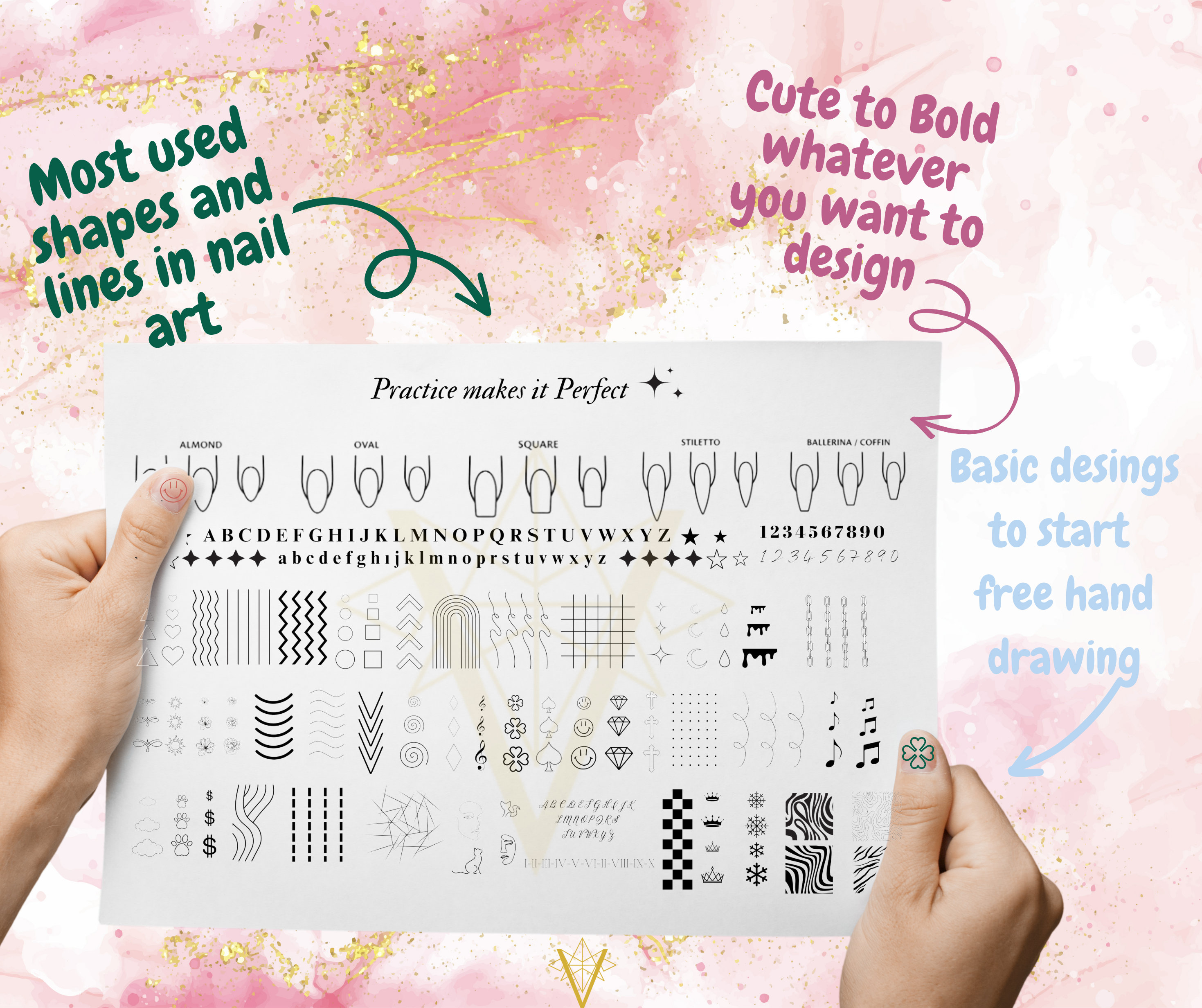 Digital Printable Nail Art Practice Sheet , Nail Art Drawing Sheet