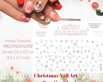 Digital Christmas Nail Practice Sheet, Printable Nail Art, Digital Sticker Bundle, Christmas Decal,Xmas Nails, PNG, SVG, Pdf, A4 size