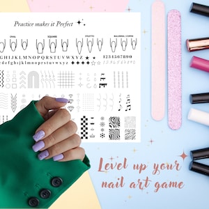 Digital Printable Nail Art Practice Sheet , Nail Art Drawing Sheet, Nail Stickers, Printable Nail Art, Decal, Pdf, Png, SVG, Jpg, Nail decal