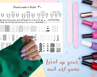 Digital Printable Nail Art Practice Sheet , Nail Art Drawing Sheet, Nail Stickers, Printable Nail Art, Decal, Pdf, Png, SVG, Jpg, Nail decal