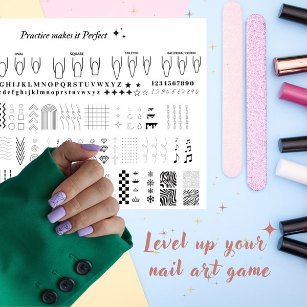 Digital Printable Nail Art Practice Sheet , Nail Art Drawing Sheet, Nail Stickers, Printable Nail Art, Decal, Pdf, Png, SVG, Jpg, Nail decal