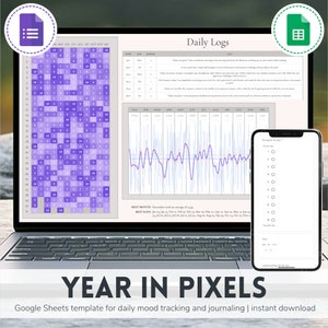 May include: A laptop computer displaying a Google Sheets template for daily mood tracking and journaling. The template includes a calendar grid, a line graph, and a daily log section. The text "YEAR IN PIXELS" is displayed below the laptop.