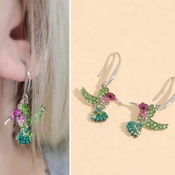 Betsey Johnson Earrings Hummingbird Crystal earrings Silver with Hypoallergenic Hooks