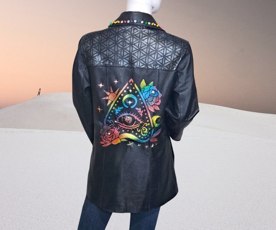 Size 6 Small/Med Hand painted and Studded Upcycled Leather Jacket Bespoke, Sustainable and OOAK Ouija mystical jeweled spiked punk goth