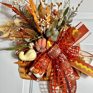 Fall front door basket wreath with faux florals and pumpkins, Thanksgiving wreath, Rustic Autumn Decor, Harvest door hanger, Wedding decor