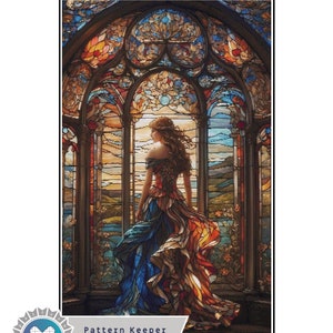 Stained glass girl 4, Full Coverage Cross Stitch Pattern, Instant Download, Counted Cross Stitch, Embroidery Art, Pattern keeper compatible.