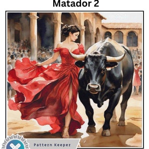 May include: A woman in a red dress stands in front of a black bull. The bull is facing the woman and has its horns lowered. The woman is holding a red cape in her right hand. The scene is set in a bullring with a crowd of people in the background. The text "Matador 2" is at the top of the image. The text "Pattern Keeper TESTED" is at the bottom of the image. The text "Size: Stitches 122500" is also at the bottom of the image. The text below that lists the size of the image in centimeters and inches for different stitch counts.