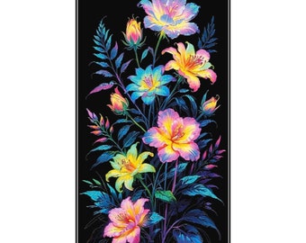 May include: A cross-stitch pattern of neon flowers on a black background. The pattern is available in a variety of sizes, from 14 count to 32 count. The pattern is titled "Neon Flowers" and is labeled "Pattern Keeper Tested".