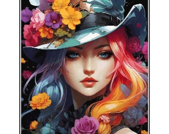 Bright color Flower Steampunk Cross Stitch Pattern full coverage, Instant Download, Counted Cross Stitch, Pattern keeper compatible.