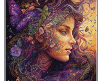 Purple lady, Full Coverage Cross Stitch Pattern, Instant Download PDF, Counted Cross Stitch, Embroidery Art, Pattern keeper compatible.