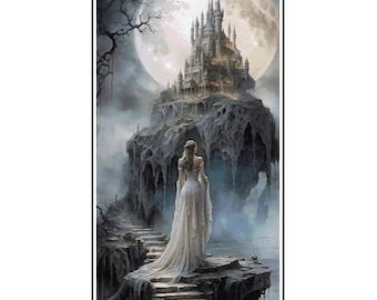 May include: A cross-stitch pattern of a fantasy world with a castle on a cliff, a full moon, and a woman in a white gown walking up a staircase. The pattern is labeled "fantasy world" and "Pattern Keeper TESTED". The pattern includes stitch counts for different fabric counts, ranging from 14 to 32 count.