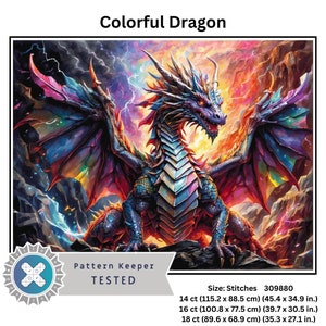 Colorful Dragon Cross Stitch Pattern full coverage, Instant Download, Counted Cross Stitch, Pattern keeper compatible.