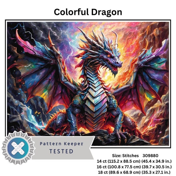 Motif dragon coloré au point de croix, couverture complète, téléchargement immédiat, point de croix compté, compatible avec Pattern Keeper.