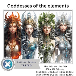 Op de afbeelding: Digitaal kruissteekpatroon met vier elementgodinnen. Elke figuur draagt unieke kleding en hoofddeksels. De tekst "Goddesses of the elements" is opgenomen. Het patroon is 680 x 531 steken groot, met maten variërend van 54,0 x 42,1 cm tot 123,4 x 96,3 cm.