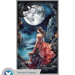 May include: Anime fantasy world cross-stitch pattern featuring a woman in a flowing red dress, standing before a large moon and a starry sky. The image includes a castle and rocky landscape. The pattern sizes range from 9.4 x 16.7 inches to 21.4 x 38.2 inches.