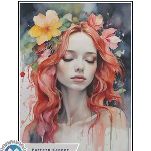 Watercolor flower girl Full Coverage Cross Stitch Pattern, Instant Download, Counted Cross Stitch, Embroidery Art, Pattern keeper compatible