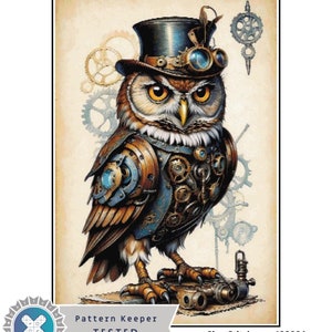 May include: A steampunk owl cross stitch pattern with a detailed illustration of an owl wearing a top hat and goggles. The pattern includes a variety of sizes, from 14 count to 32 count, and is available in 120984 stitches. Pattern Keeper TESTED.