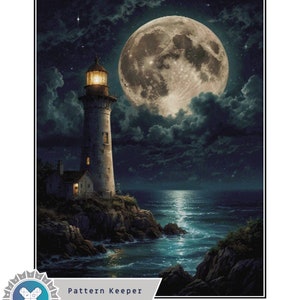 Vuurtoren onder de maan Kruissteekpatroon volledige dekking, direct downloaden, getelde kruissteek, compatibel met patroonhouder.