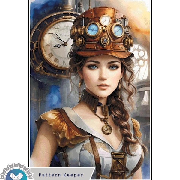 Steampunk woman, Full Coverage Cross Stitch Pattern, Instant Download, PDF, Counted Cross Stitch, Embroidery Art, Pattern keeper compatible.