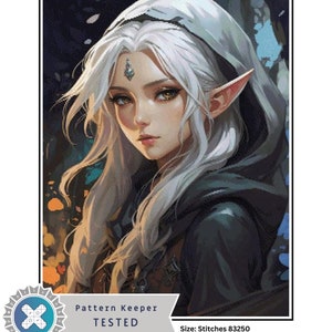 Puede incluir: Una pintura digital de una chica elfo de anime con el pelo largo y blanco, que lleva una capa oscura con capucha. La imagen está etiquetada como "Anime Elf Girl" y "Pattern Keeper TESTED". La imagen también incluye una tabla con el tamaño de la imagen en puntos, centímetros y pulgadas.