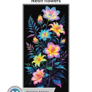 Cross stitch pattern Neon flowers on black background full coverage Instant Download, Counted Cross Stitch, Pattern keeper compatible.