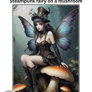 Steampunk fairy on a mushroom cross stitch pattern full coverage, Instant Download, PDF, Counted Cross Stitch, Pattern keeper compatible.