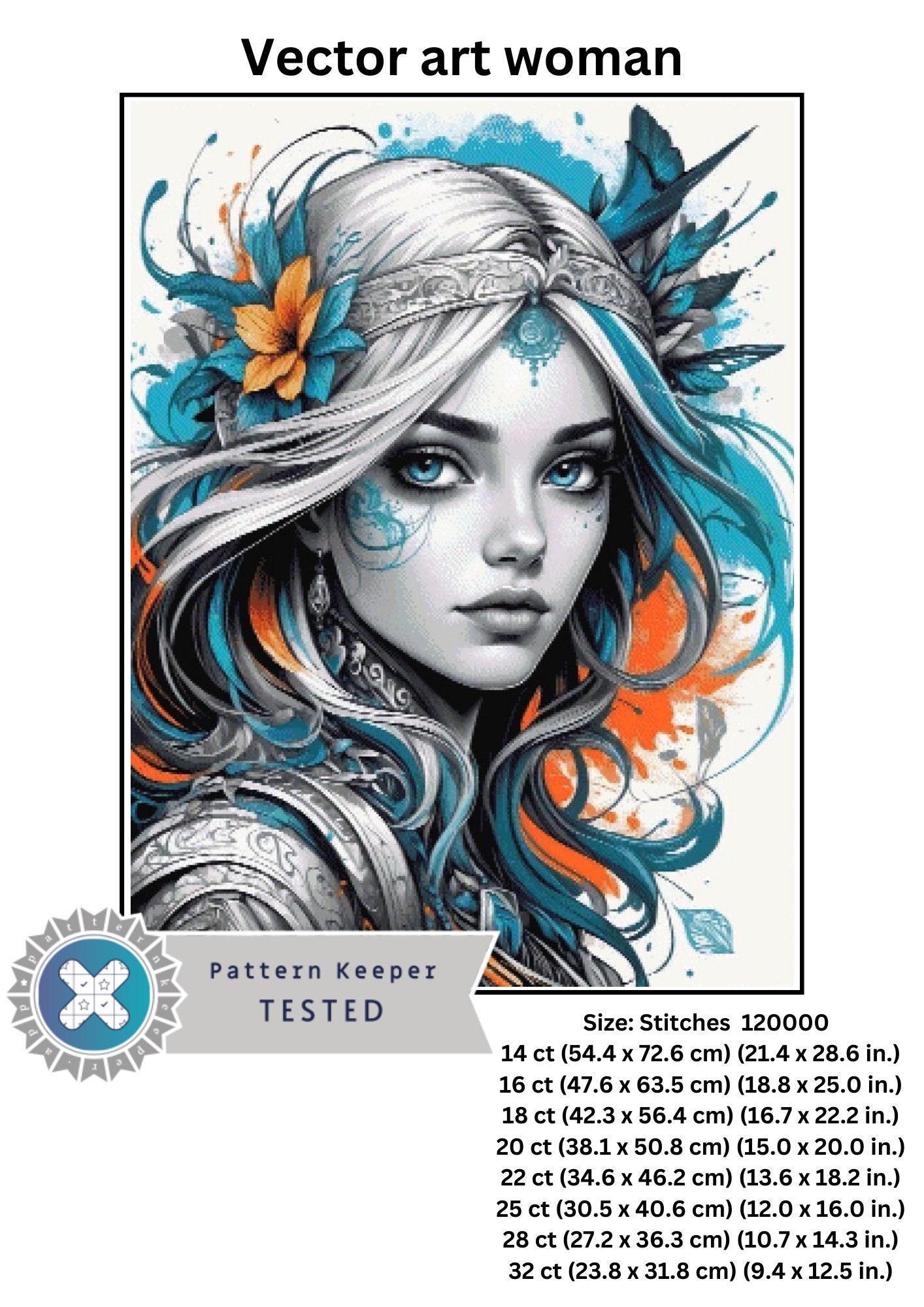 Vector Art Woman Cross Stitch Pattern, Full Coverage. Instant Download