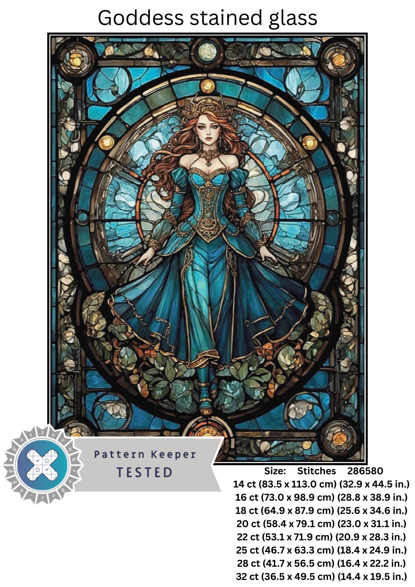 Goddess stained glass Full Coverage Cross Stitch Pattern, Instant Download, Counted Cross Stitch, Embroidery Art, Pattern keeper compatible.