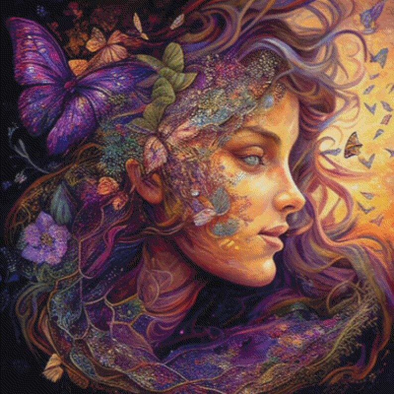 Purple Lady, Full Coverage Cross Stitch Pattern, Instant Download PDF