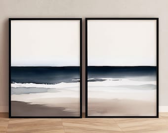 Blue Abstract Beach Prints: Minimalist Japandi Wall Art Set (Digital Download)