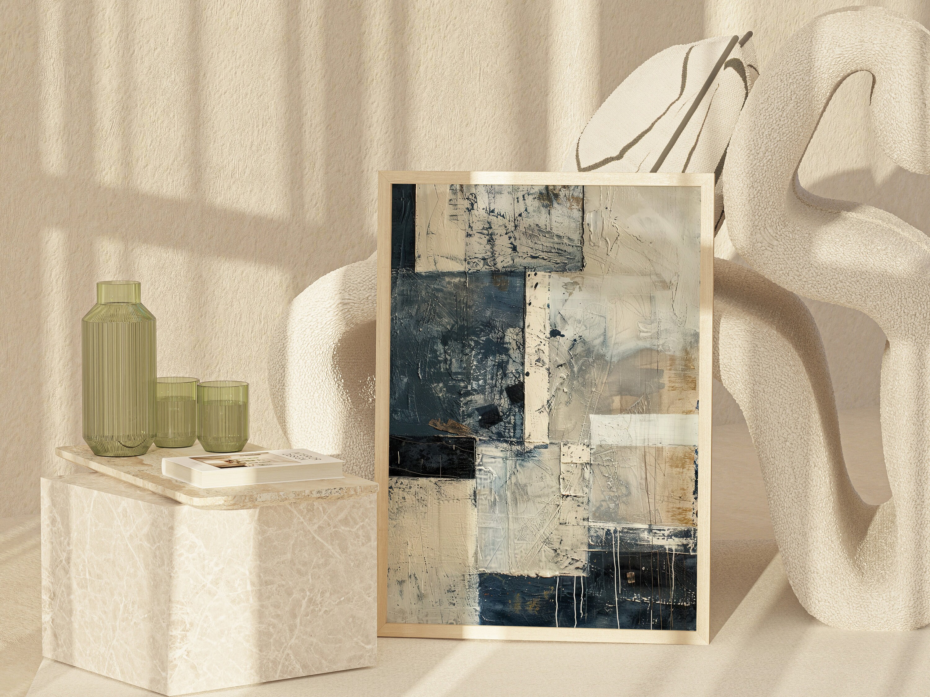 Minimalist Abstract Blue and Grey Printable Wall Art, Neutral Simple