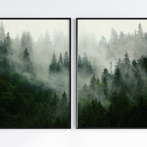 Waldnebel Druck | Nebelwald Kunst | Nebelwald Landschaft| Immergrüne Kiefer Bäume Wand Kunst| Bergwald Nebel Kunst| Grüner Wald Digital