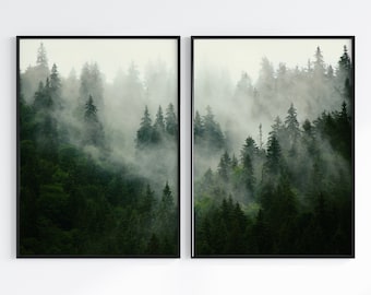 Misty Mountain Print Triptych: Woodland Landscape Wall Art (Digital Download)