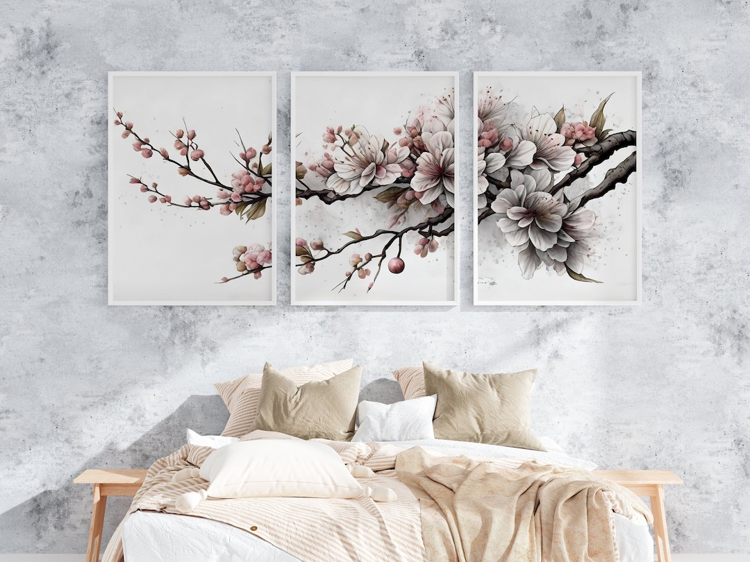 Cherry Blossom Gallery Wall Set Floral Prints Tryptic Wall Art Cherry ...
