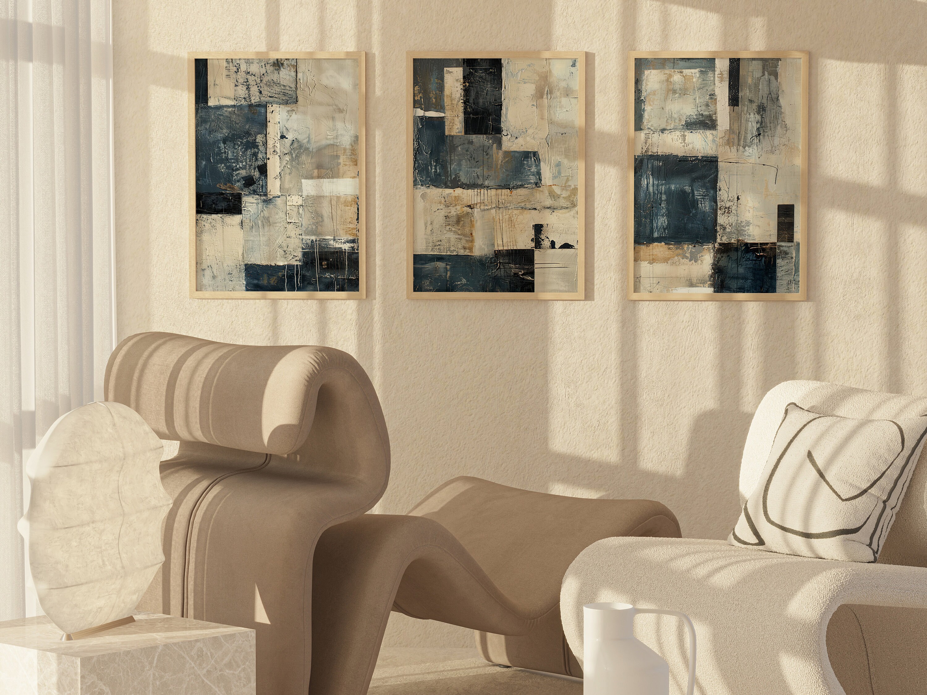 Minimalist Abstract Blue and Grey Printable Wall Art, Neutral Simple