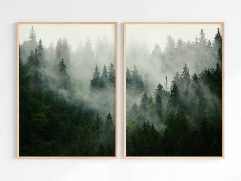 May include: A pair of framed prints featuring a misty forest scene with tall evergreen trees. The prints are in a light wood frame and are hung on a white wall.