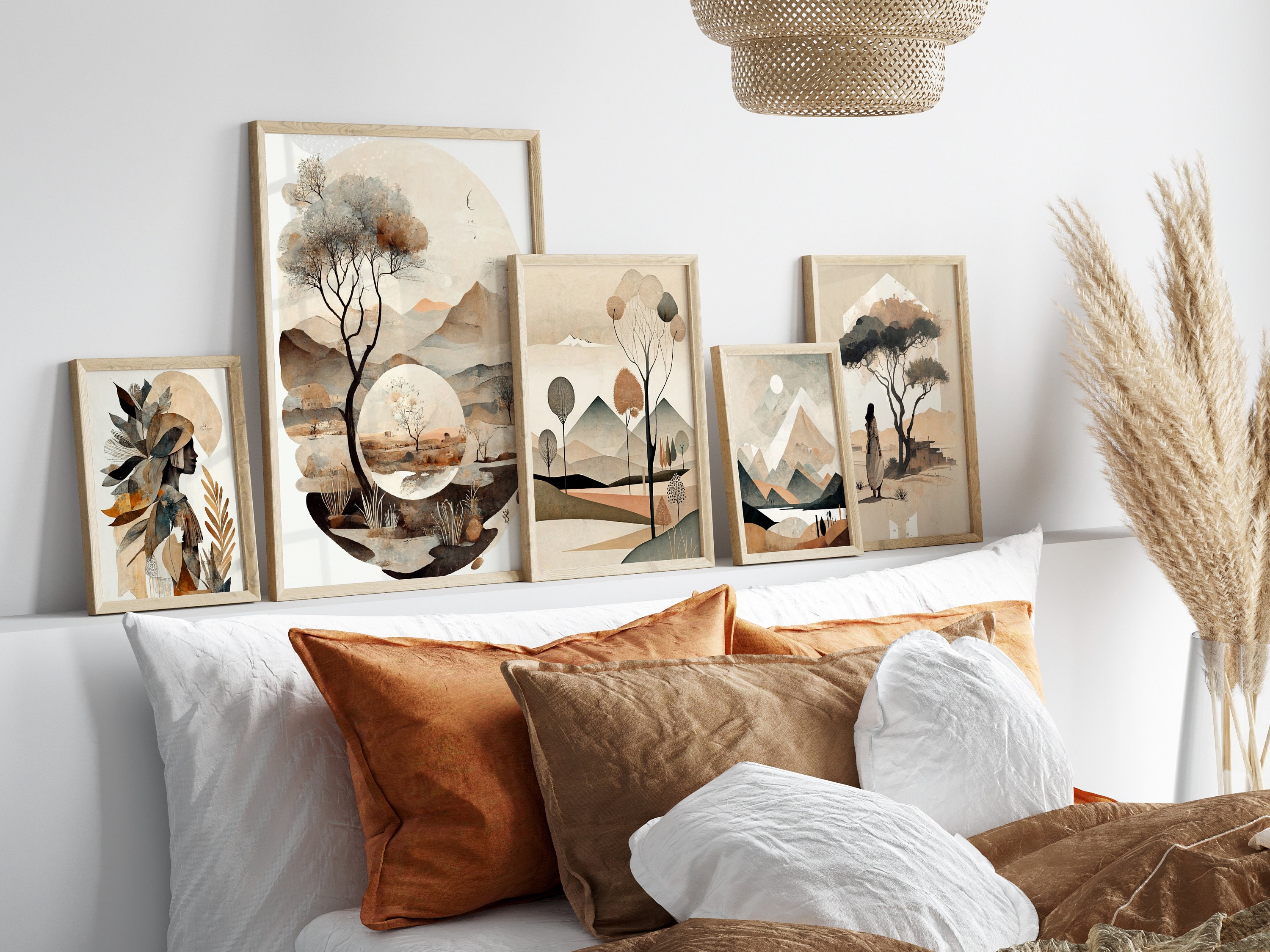 Boho Paintings Set of 6 Boho Wall Decor Boho Chic Livingroom Etsy