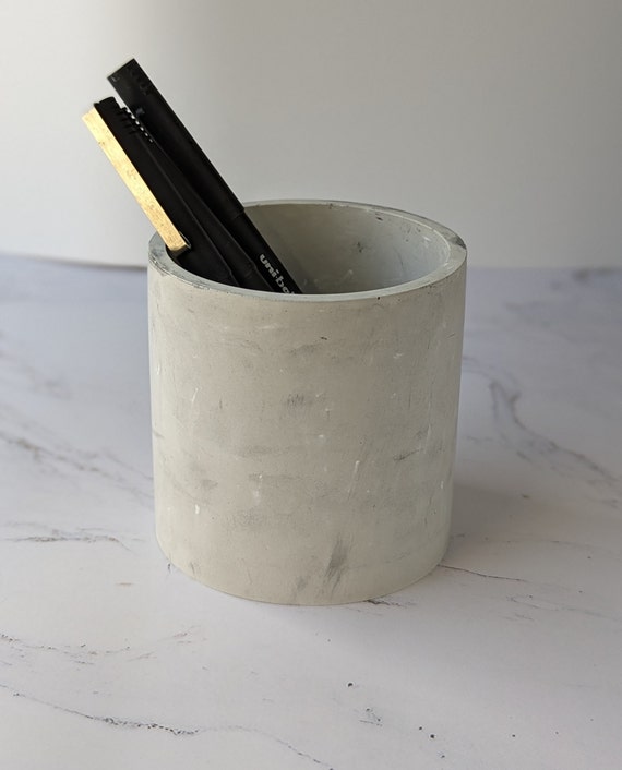Organic modern concrete container | cement pencil cup | concrete pen holder | marble-colored office decor | minimalist | Nordic